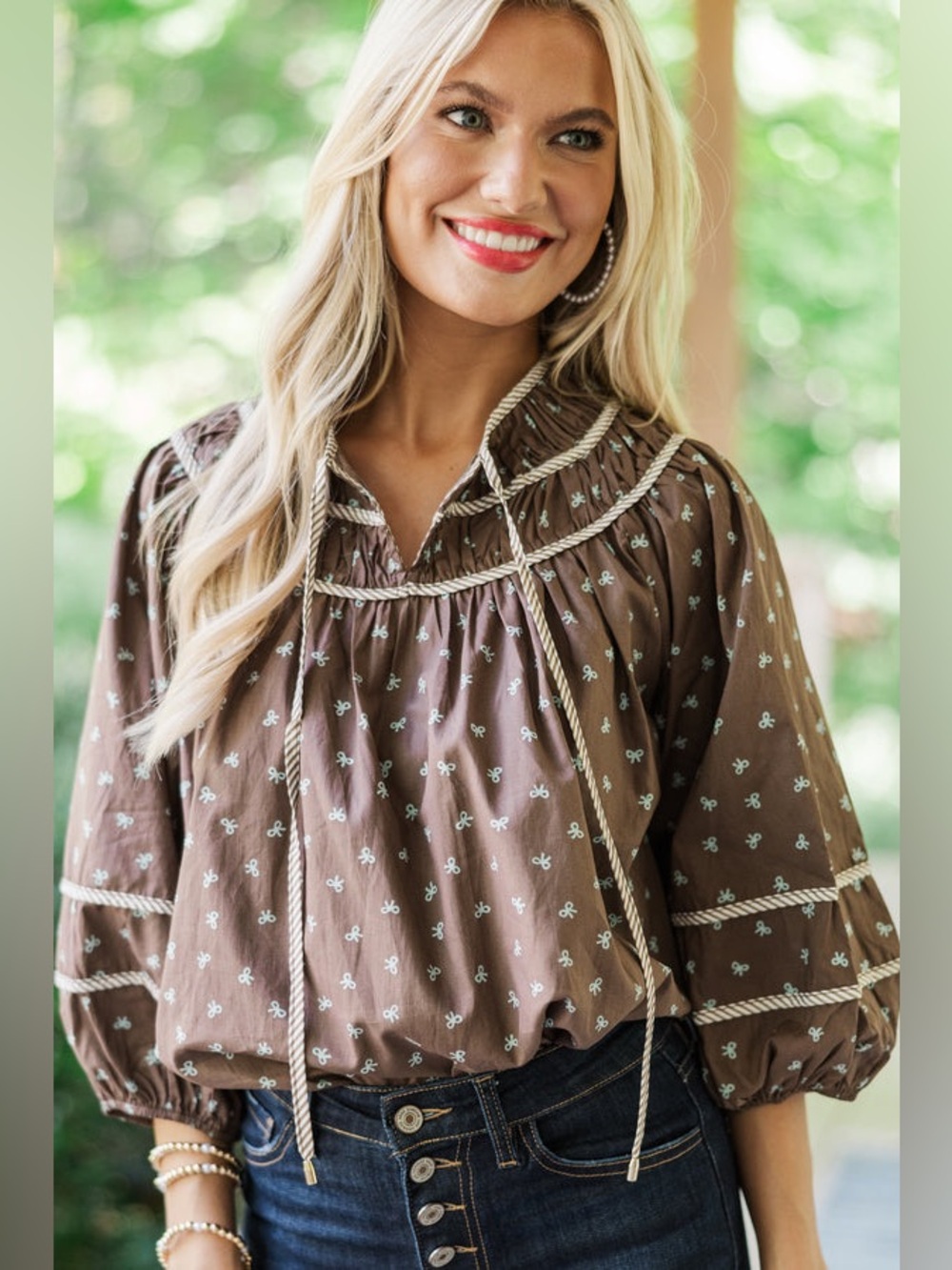 ENTRO Brown Bow Print Blouse 🍁🎀